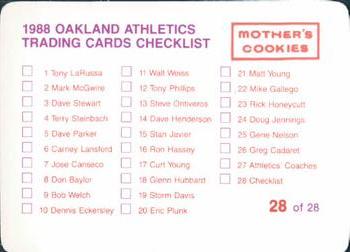 1988 Mother's Cookies Oakland Athletics #28 Jose Canseco / Mark McGwire Back