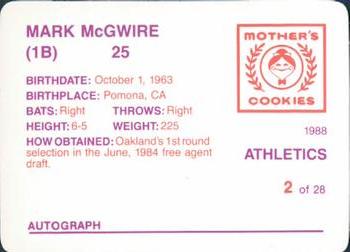1988 Mother's Cookies Oakland Athletics #2 Mark McGwire Back