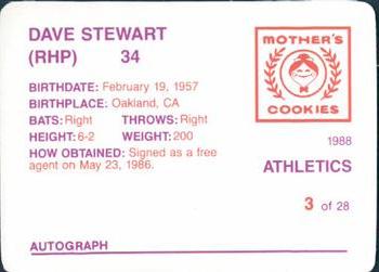 1988 Mother's Cookies Oakland Athletics #3 Dave Stewart Back