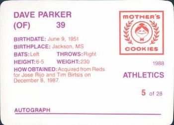 1988 Mother's Cookies Oakland Athletics #5 Dave Parker Back