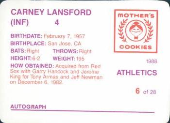 1988 Mother's Cookies Oakland Athletics #6 Carney Lansford Back