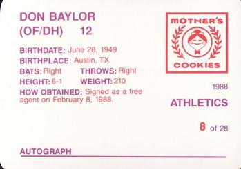 1988 Mother's Cookies Oakland Athletics #8 Don Baylor Back