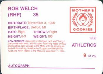 1988 Mother's Cookies Oakland Athletics #9 Bob Welch Back