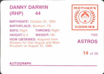 1988 Mother's Cookies Houston Astros #14 Danny Darwin Back
