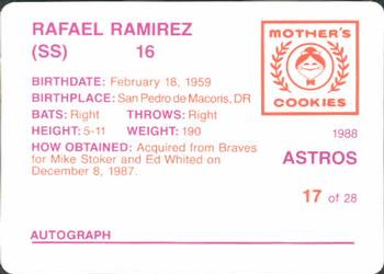 1988 Mother's Cookies Houston Astros #17 Rafael Ramirez Back