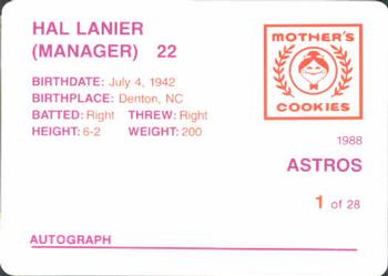 1988 Mother's Cookies Houston Astros #1 Hal Lanier Back