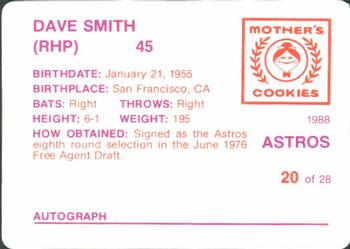 1988 Mother's Cookies Houston Astros #20 Dave Smith Back