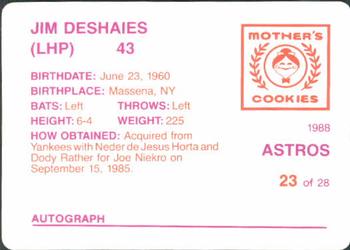 1988 Mother's Cookies Houston Astros #23 Jim Deshaies Back