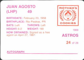 1988 Mother's Cookies Houston Astros #24 Juan Agosto Back
