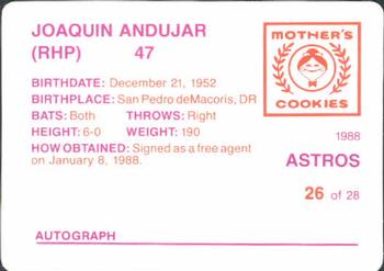 1988 Mother's Cookies Houston Astros #26 Joaquin Andujar Back