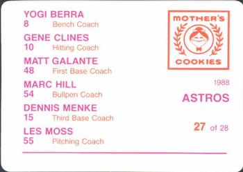 1988 Mother's Cookies Houston Astros #27 Astros Coaches (Yogi Berra / Gene Clines / Matt Galante / Marc Hill / Denis Menke / Les Moss) Back