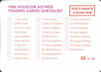 1988 Mother's Cookies Houston Astros #28 Trainers & Checklist (Dennis Liborio / Dave Labossiere / Doc Ewell) Back