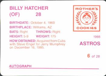 1988 Mother's Cookies Houston Astros #6 Billy Hatcher Back