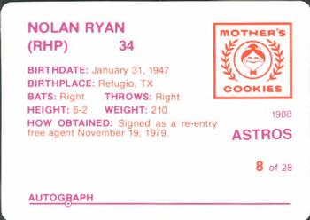 1988 Mother's Cookies Houston Astros #8 Nolan Ryan Back