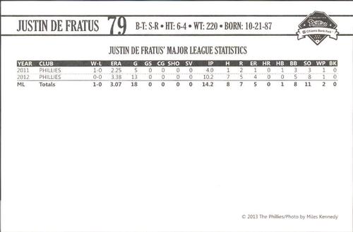 2013 Philadelphia Phillies Photocards #7 Justin De Fratus Back
