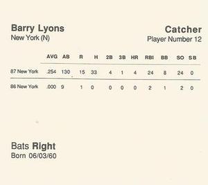1988 Parker Bros. Starting Lineup Talking Baseball New York Mets #12 Barry Lyons Back