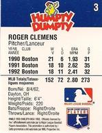 1993 Humpty Dumpty Canadian #3 Roger Clemens Back