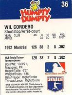 1993 Humpty Dumpty Canadian #36 Wil Cordero Back