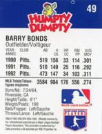 1993 Humpty Dumpty Canadian #49 Barry Bonds Back