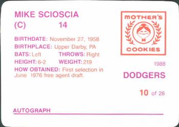 1988 Mother's Cookies Los Angeles Dodgers #10 Mike Scioscia Back