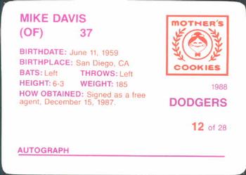 1988 Mother's Cookies Los Angeles Dodgers #12 Mike Davis Back