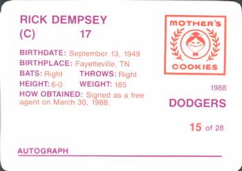 1988 Mother's Cookies Los Angeles Dodgers #15 Rick Dempsey Back