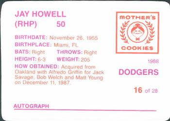1988 Mother's Cookies Los Angeles Dodgers #16 Jay Howell Back