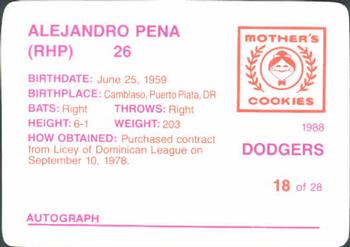 1988 Mother's Cookies Los Angeles Dodgers #18 Alejandro Pena Back