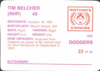 1988 Mother's Cookies Los Angeles Dodgers #23 Tim Belcher Back
