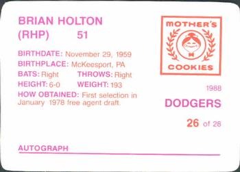 1988 Mother's Cookies Los Angeles Dodgers #26 Brian Holton Back
