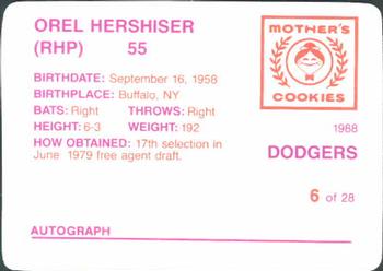 1988 Mother's Cookies Los Angeles Dodgers #6 Orel Hershiser Back