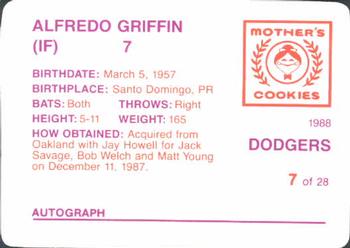 1988 Mother's Cookies Los Angeles Dodgers #7 Alfredo Griffin Back