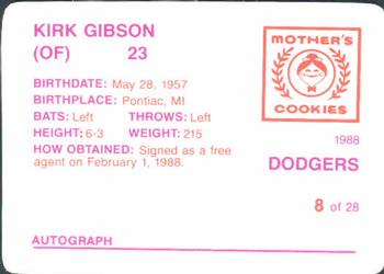1988 Mother's Cookies Los Angeles Dodgers #8 Kirk Gibson Back