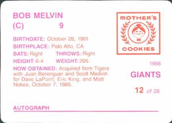 1988 Mother's Cookies San Francisco Giants #12 Bob Melvin Back