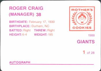 1988 Mother's Cookies San Francisco Giants #1 Roger Craig Back