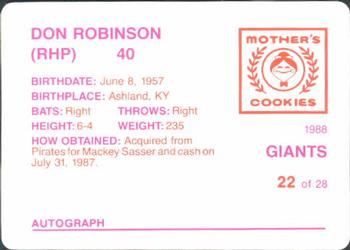 1988 Mother's Cookies San Francisco Giants #22 Don Robinson Back