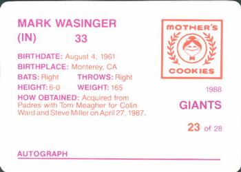 1988 Mother's Cookies San Francisco Giants #23 Mark Wasinger Back