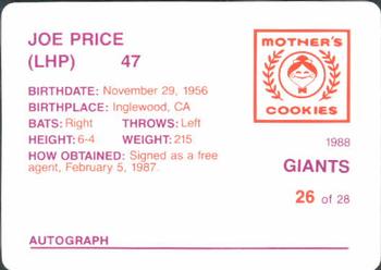 1988 Mother's Cookies San Francisco Giants #26 Joe Price Back