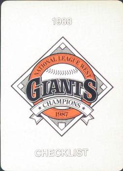 1988 Mother's Cookies San Francisco Giants #28 Checklist Card / Giants NL Champs Logo Front