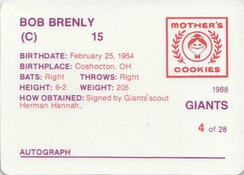 1988 Mother's Cookies San Francisco Giants #4 Bob Brenly Back