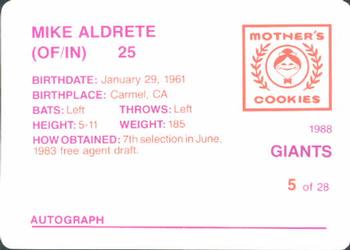 1988 Mother's Cookies San Francisco Giants #5 Mike Aldrete Back
