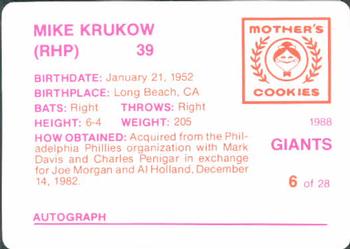 1988 Mother's Cookies San Francisco Giants #6 Mike Krukow Back