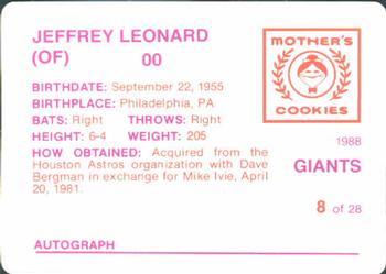 1988 Mother's Cookies San Francisco Giants #8 Jeffrey Leonard Back