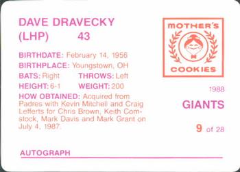 1988 Mother's Cookies San Francisco Giants #9 Dave Dravecky Back