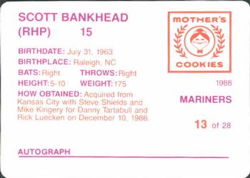 1988 Mother's Cookies Seattle Mariners #13 Scott Bankhead Back