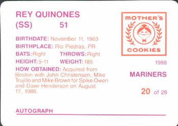 1988 Mother's Cookies Seattle Mariners #20 Rey Quinones Back