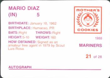 1988 Mother's Cookies Seattle Mariners #21 Mario Diaz Back