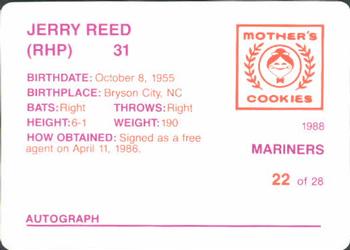 1988 Mother's Cookies Seattle Mariners #22 Jerry Reed Back
