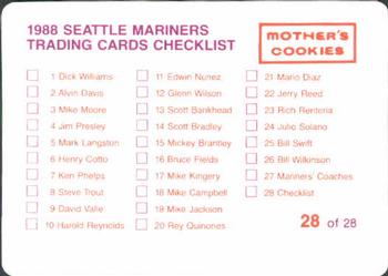 1988 Mother's Cookies Seattle Mariners #28 Trainers & Checklist (Henry Genzale / Rick Griffin) Back