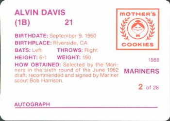 1988 Mother's Cookies Seattle Mariners #2 Alvin Davis Back